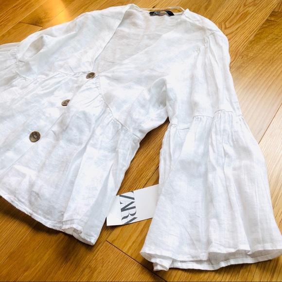 NWOT Zara White Buttoned VNeck Blouse Flowy Sleeve - Picture 8 of 8